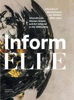 Katalog-Cover zur Ausstellung "InformELLE Künstlerinnen der 1950er/60er Jahre" mit abstraktem Gemälde von Judit Reigl im Hintergrund in Beige mit schwarze-weiß-orangener geschwungener Form.