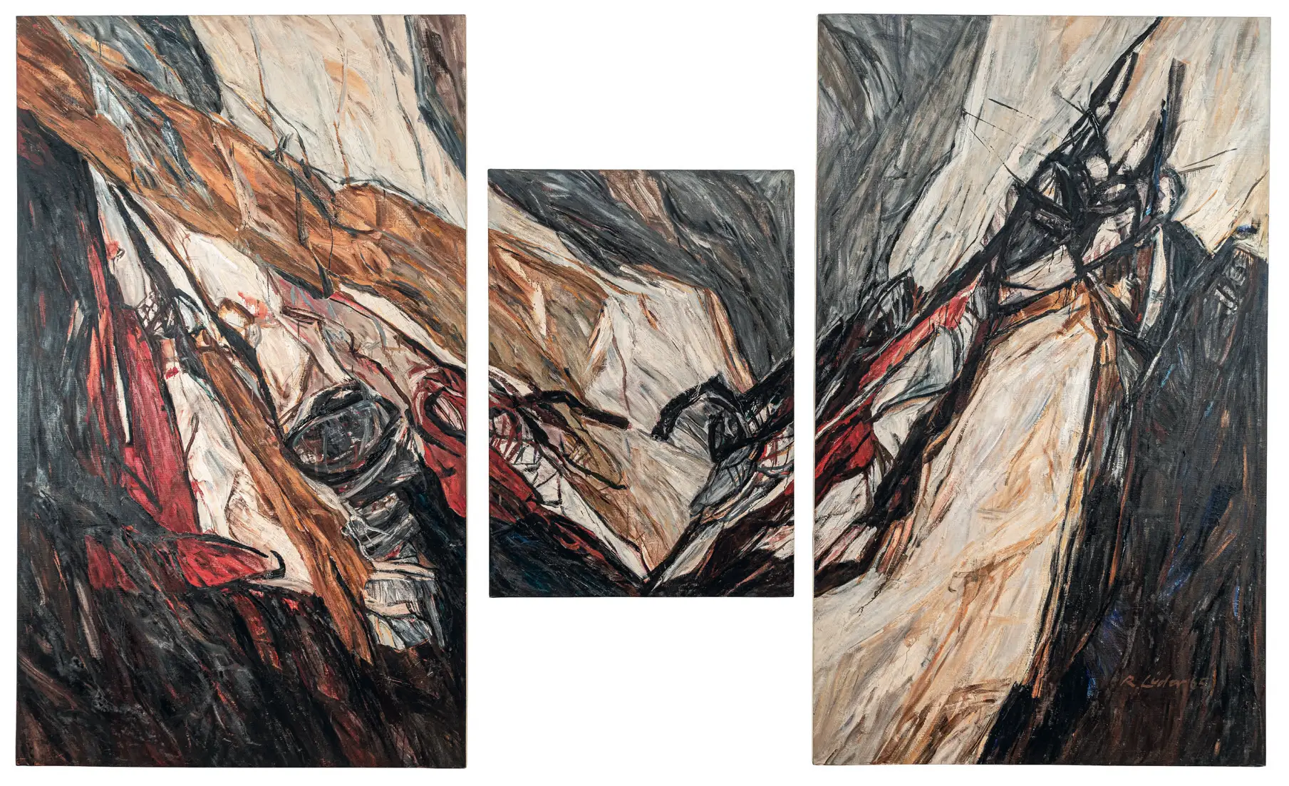 Dreiteiliges abstraktes Ölgemälde mit dynamischen, geschwungenen Linien und Flächen in erdigen Tönen, das von der Künstlerin Roswitha Lüder geschaffen wurde