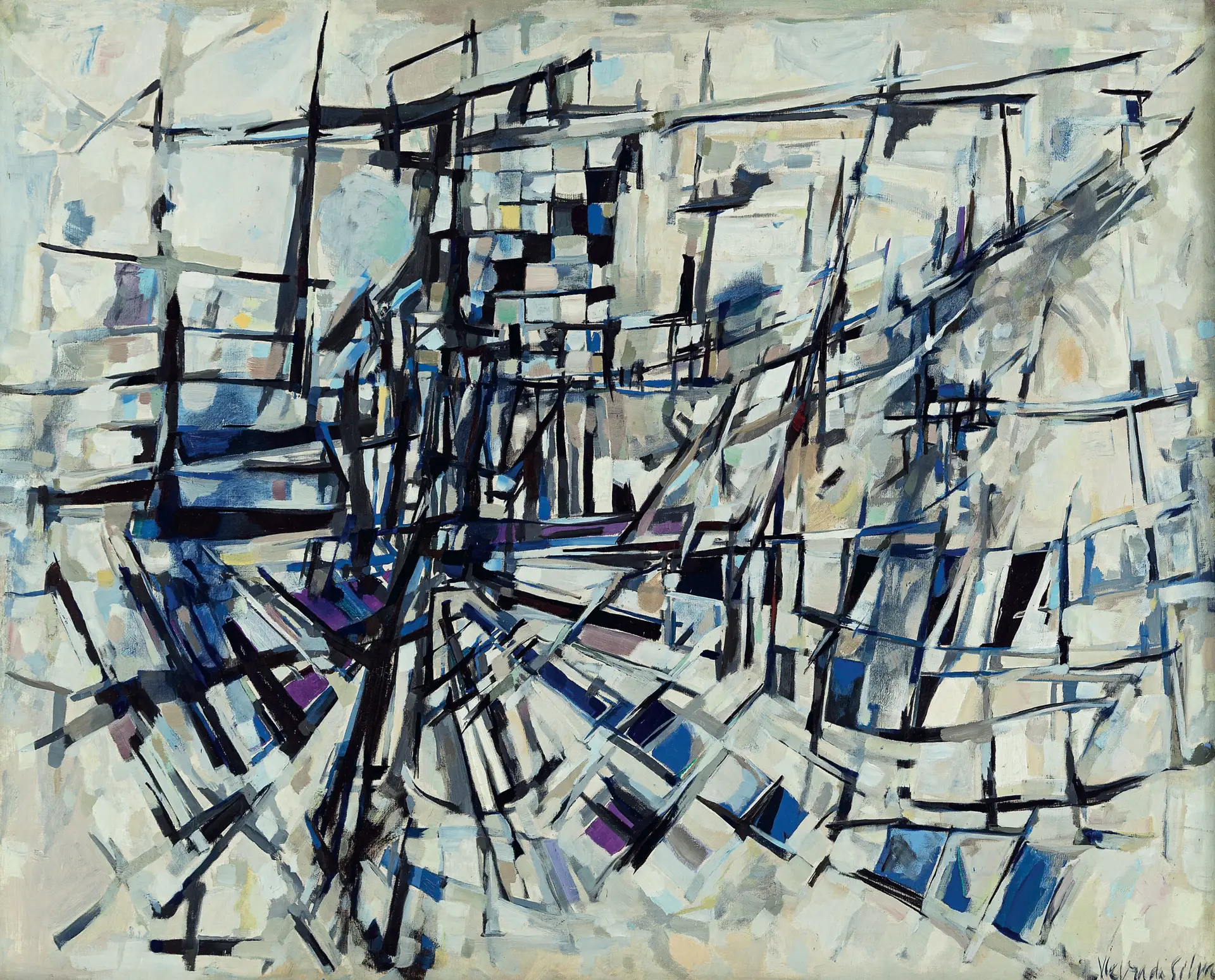 Abstraktes Gemälde mit schwarzen Linien und Flächen in Schwarz, Blau und Grau, das ein komplexes, dynamisches Muster bildet.