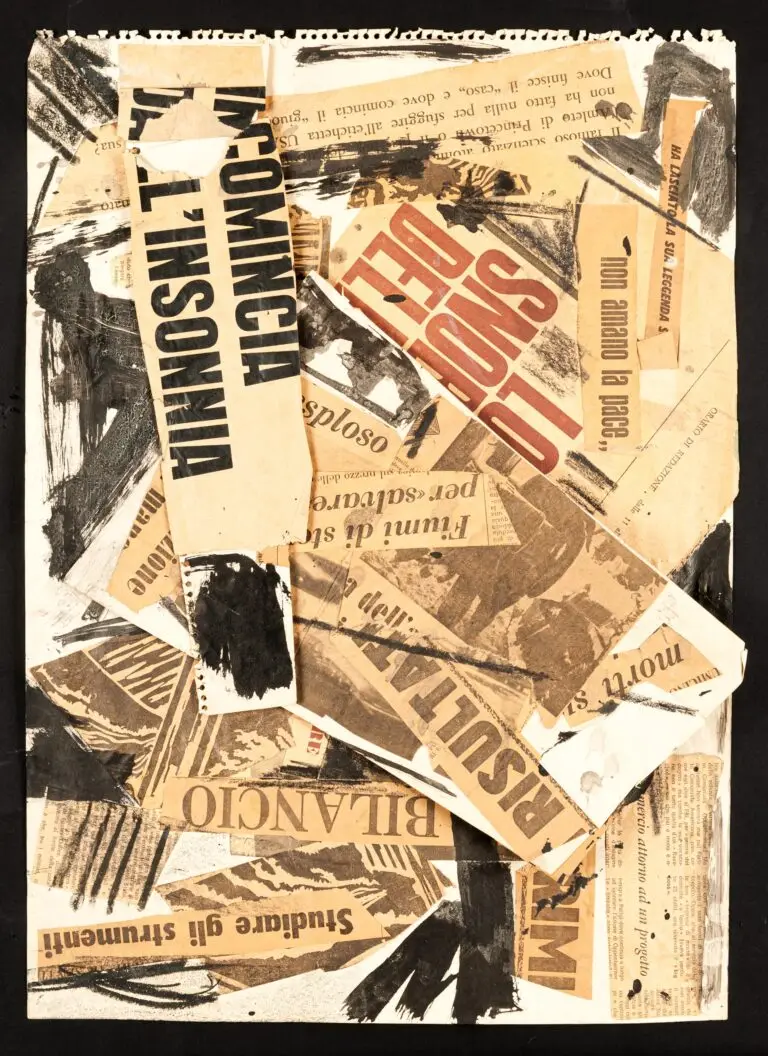 Collage aus Zeitungsausschnitten mit Textfragmenten und schwarzen Tinten- und Kohlestrichen auf Papier von Emilio Vedova