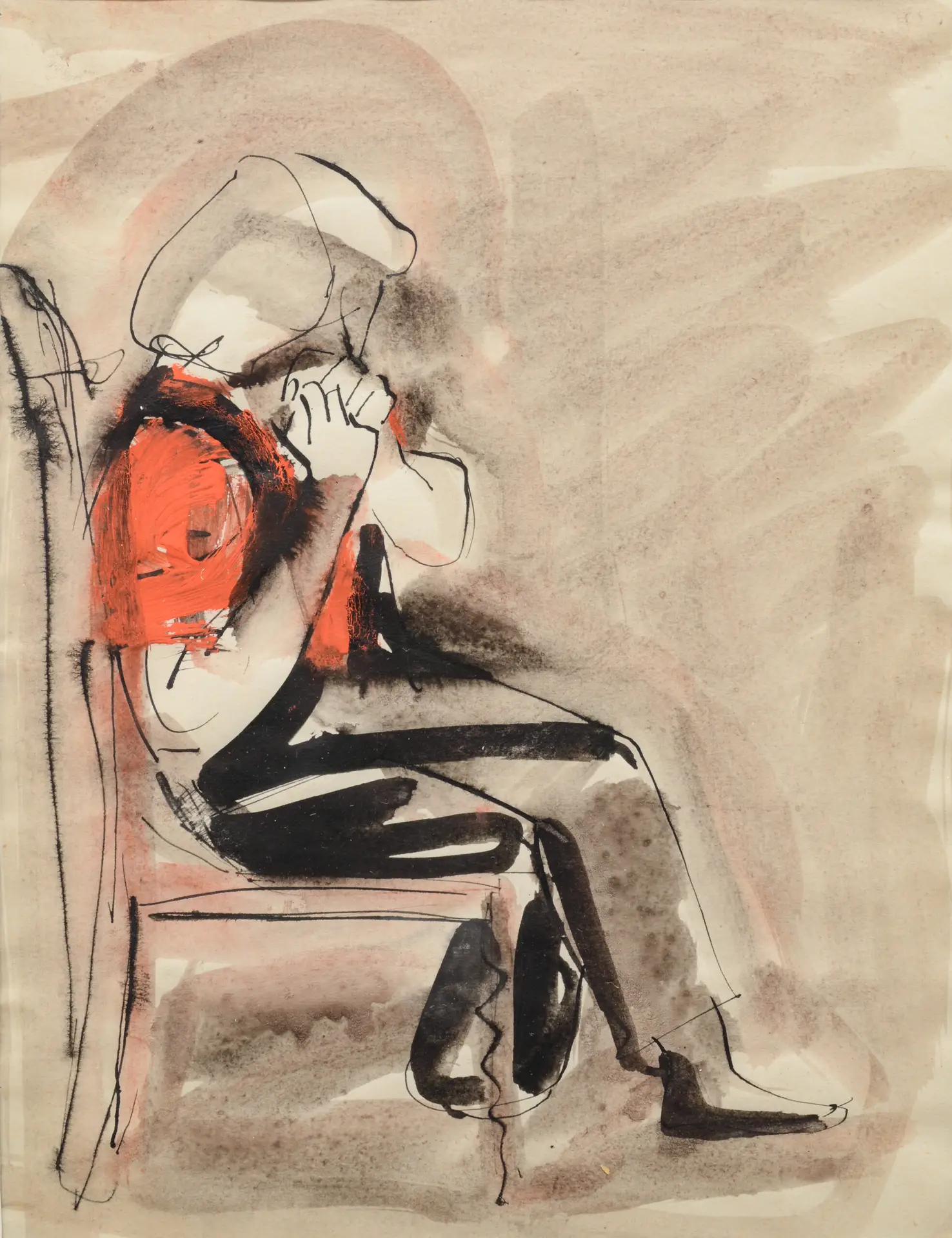 Sitzende Frau im Profil mit roter Bluse, die den Kopf gesenkt und die Hände vor das Gesicht hält, skizziert in einer locker ausgeführten Pinselstrich