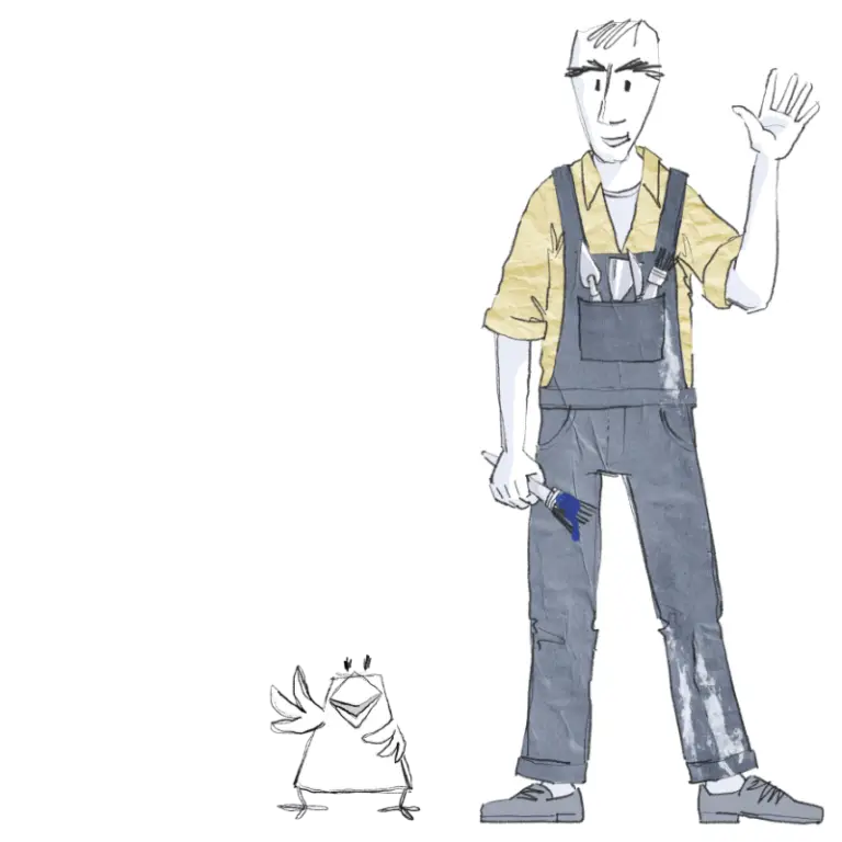 rechts eine Zeichnung von Emil Schumacher, der frontal stehend abgebildet ist und freundlich winkt. Er trägt eine blau-graue Latzhose und eine gelbes Hemd mit hochgekrämelten Ärmeln. In der rechten Hand hält er einen Pinsel mit blauer Farbe. In seiner Hosentasche stecken Malutensilien. Neben ihm ist links eine Zeichnung von einem kleinen Vogel, der ebenfalls freundlich winkt. Beide Figuren sind abgesehen von der Kleidung farblos. Sie gehören zu der Website "Emil für Alle"