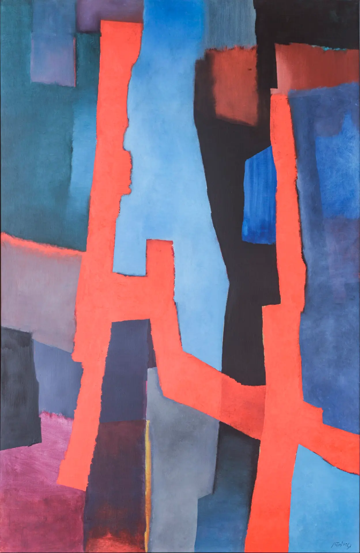 Abstraktes Gemälde von Fritz Winter mit roten, blauen und schwarzen nahezu geometrischen Formen und Linien