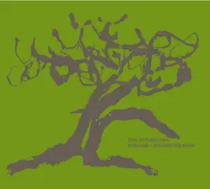 Katalog-Cover mit grünem Einband, grauer Schrift und einem grauen, abstrahierten Baum
