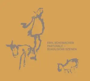 Katalog-Cover in Ocker mit grauer Typografie und grauen Figurationen, die eine bukolische Szene andeuten