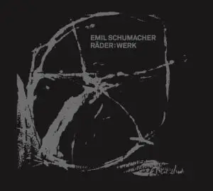 Katalog-Cover mit schwarzem Einband und grauer Schrift sowie einer grauen Linienzeichnung, die an ein Rad erinnert