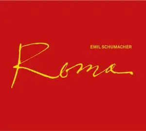 Katalog Cover mit leuchtend rotem Einband und gelbem Schriftzug "Roma" mittig, darüber in Versalien und in Gelb "Emil Schumacher"