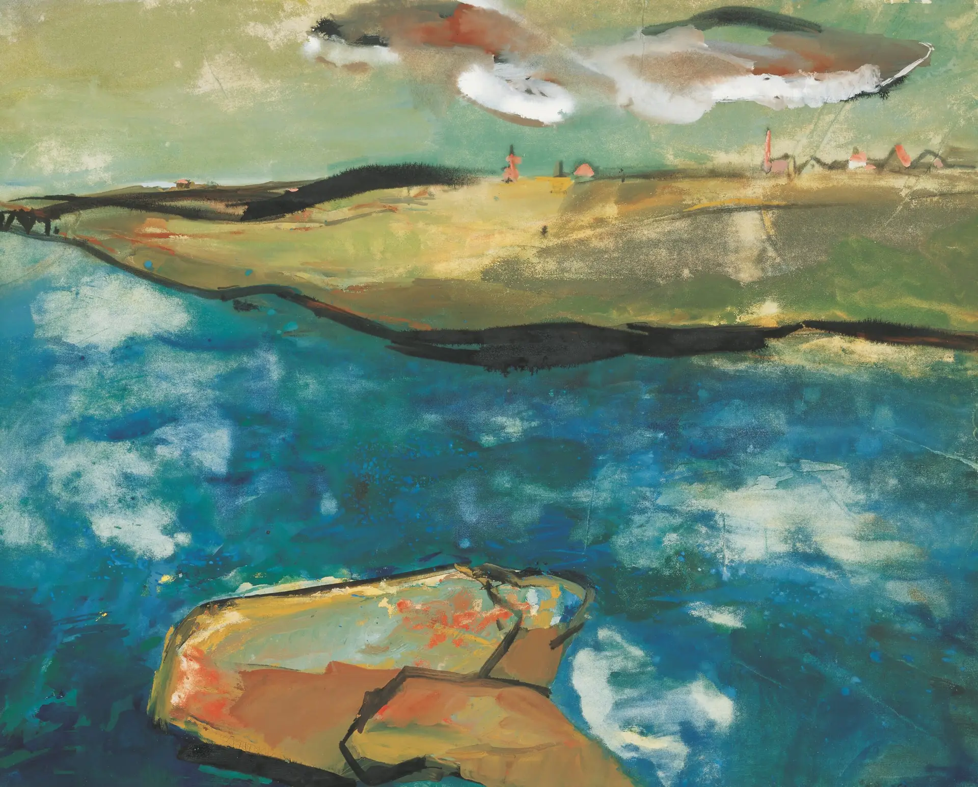 Abstrakte Flusslandschaft mit Stein, gemalt von Emil Schumacher, zeigt Wasserfläche, Landzunge und Wolken in expressiven Farben und Formen und teilweise schwarzen dickeren Konturen