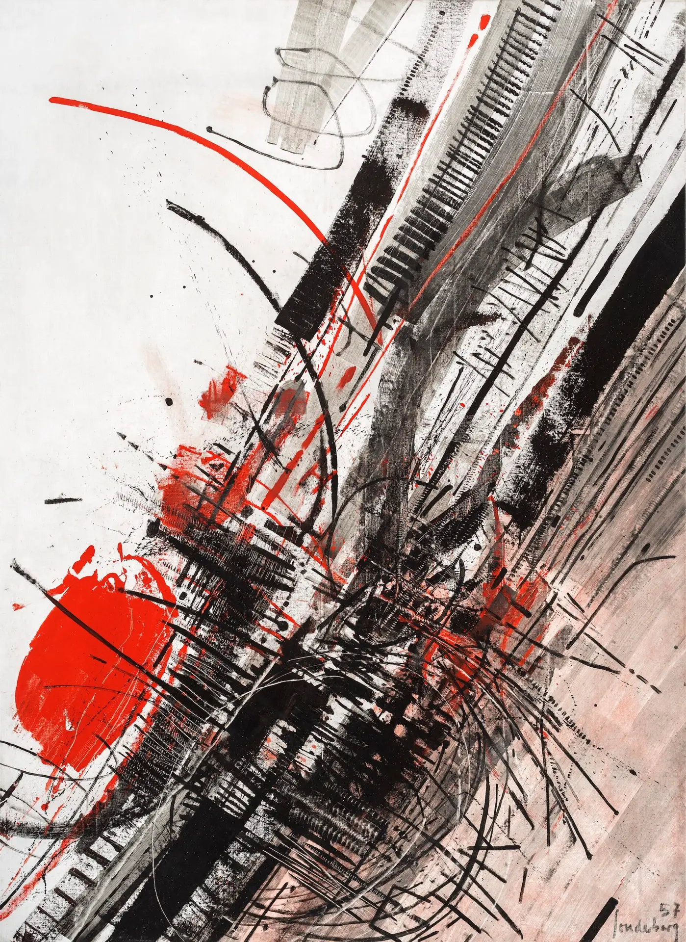 Abstraktes Kunstwerk von K. R. H. Sonderborg mit dynamischen schwarzen und roten Linien und Flächen auf hellem Hintergrund, stark konzentriert auf die Diagonale von links unten nach rechts Oben