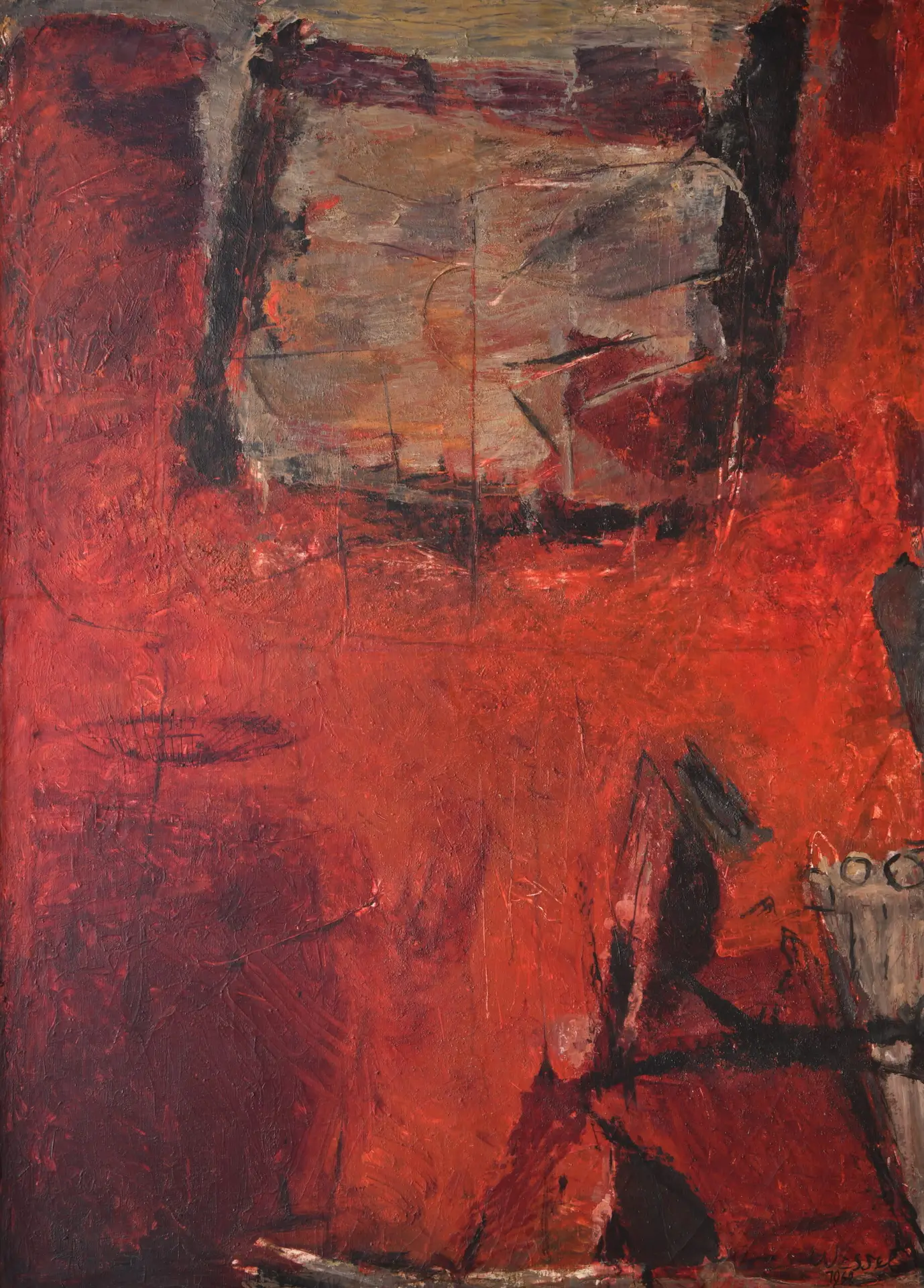 Abstraktes Kunstwerk von Wilhelm Wessel in dominierenden roten Farbtönen, vereinzelten schwarzen Linien und einer braunen Fläche im oberen Bildteil mittig mit einem schwarzen Viereck grob umrandet