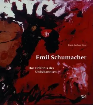 Katalog Cover mit rotem Einband, abstrakten schwarzen und weißen Flächen und weißer Typografie, die den Buchtitel "Emil Schumacher. Erlebnis des Unbekannten", den Autor Ernst-Gerhard Güse sowie den Verlag Hatje und Cantz nennt